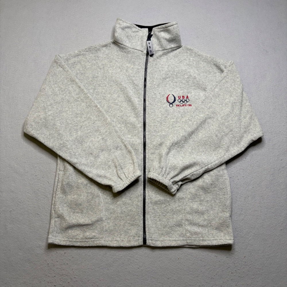 USA Olympics Jacket Mens M Gray Beijing 2008 Full Zip Fleece Made in USA Vintage